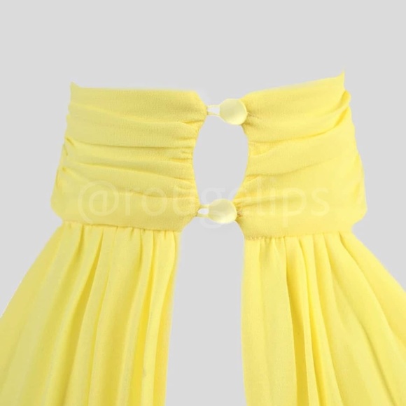 Pleated Yellow Mini Dress Tie Neck Short A-Line Flared - Picture 7 of 17